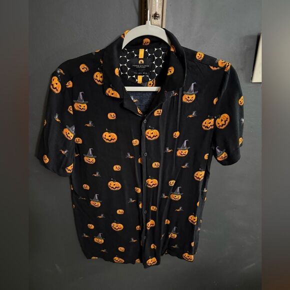 Denim & Flower Ricky Singh Black Halloween Pumpkin Button Up Shirt Men's Small - Picture 2 of 10